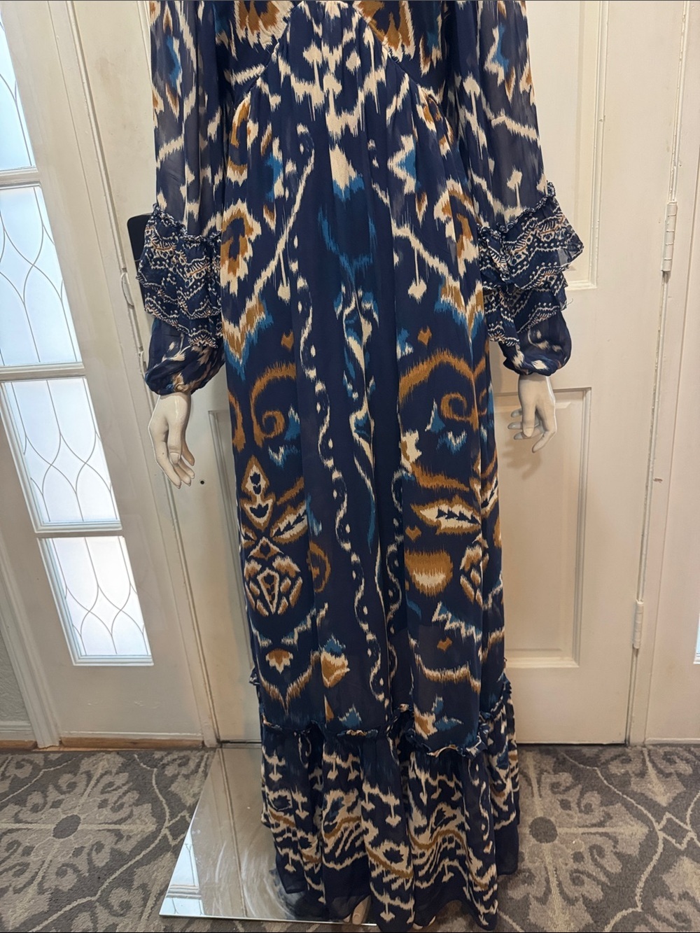 FARM Rio Pineapple Blue Ikat Maxi Dress Boho Long Sleeve Altered Length Small - Picture 6 of 16